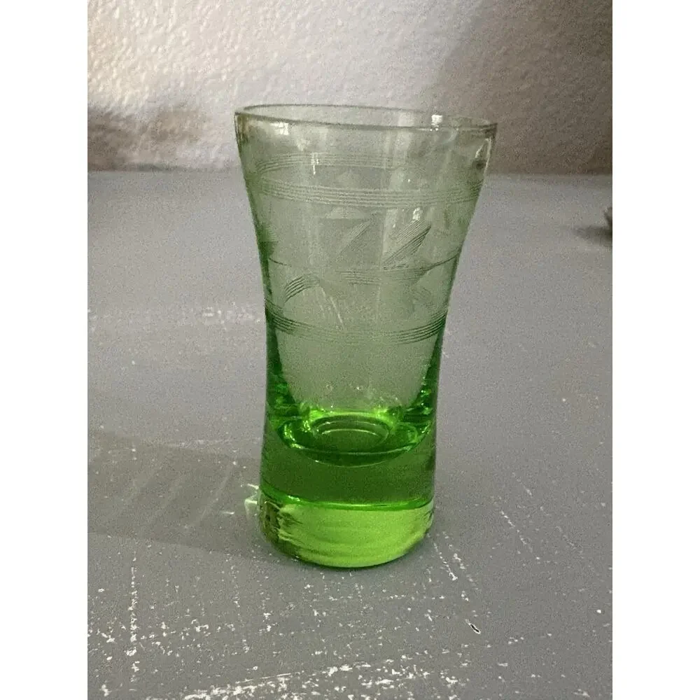 Vintage Uranium Glass Shot Glass Art Deco Etched Green Vaseline Glass 1930s